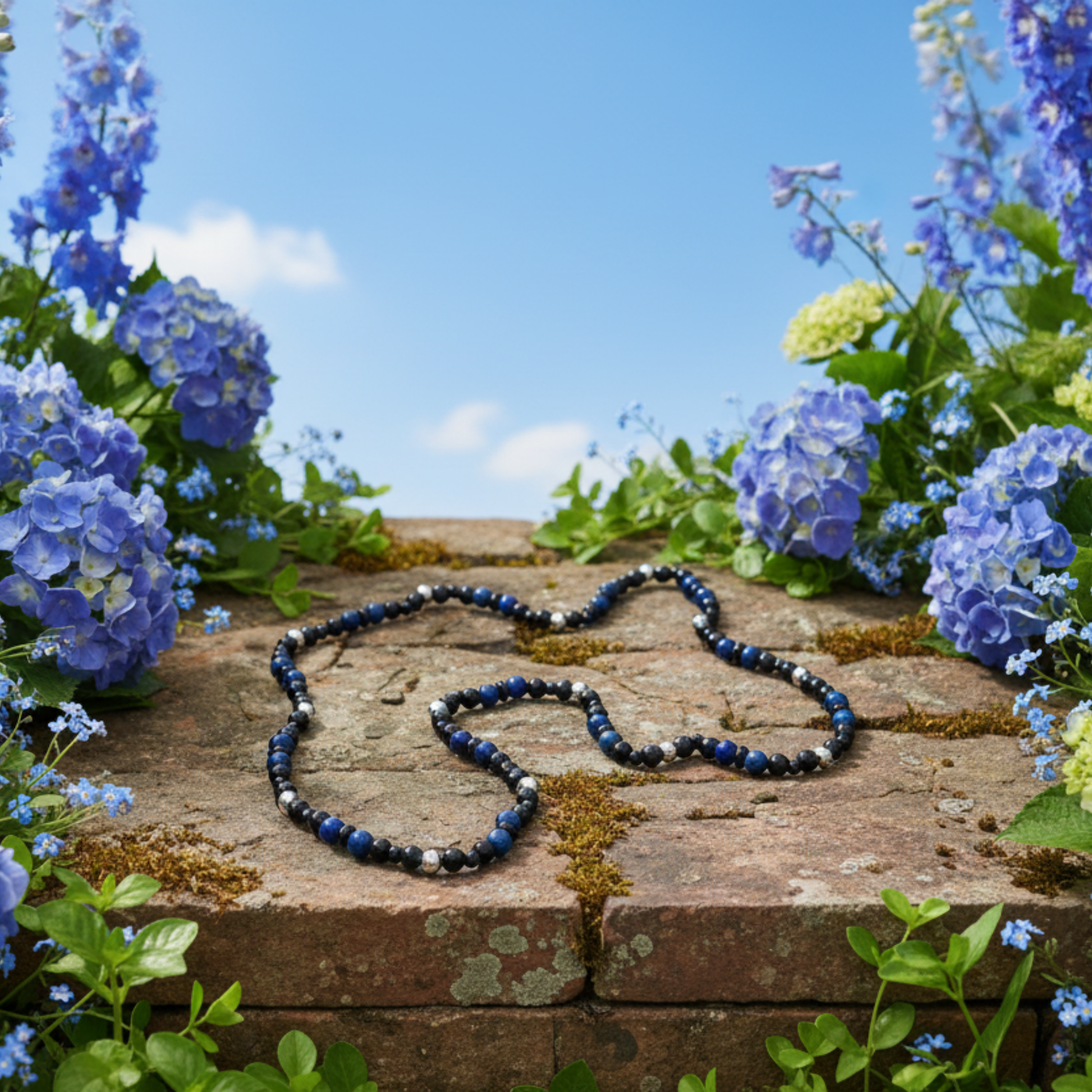 Lapis Lazuli Necklace with black and steel bead accents lying on a rustic stone in a garden with blue flowers.