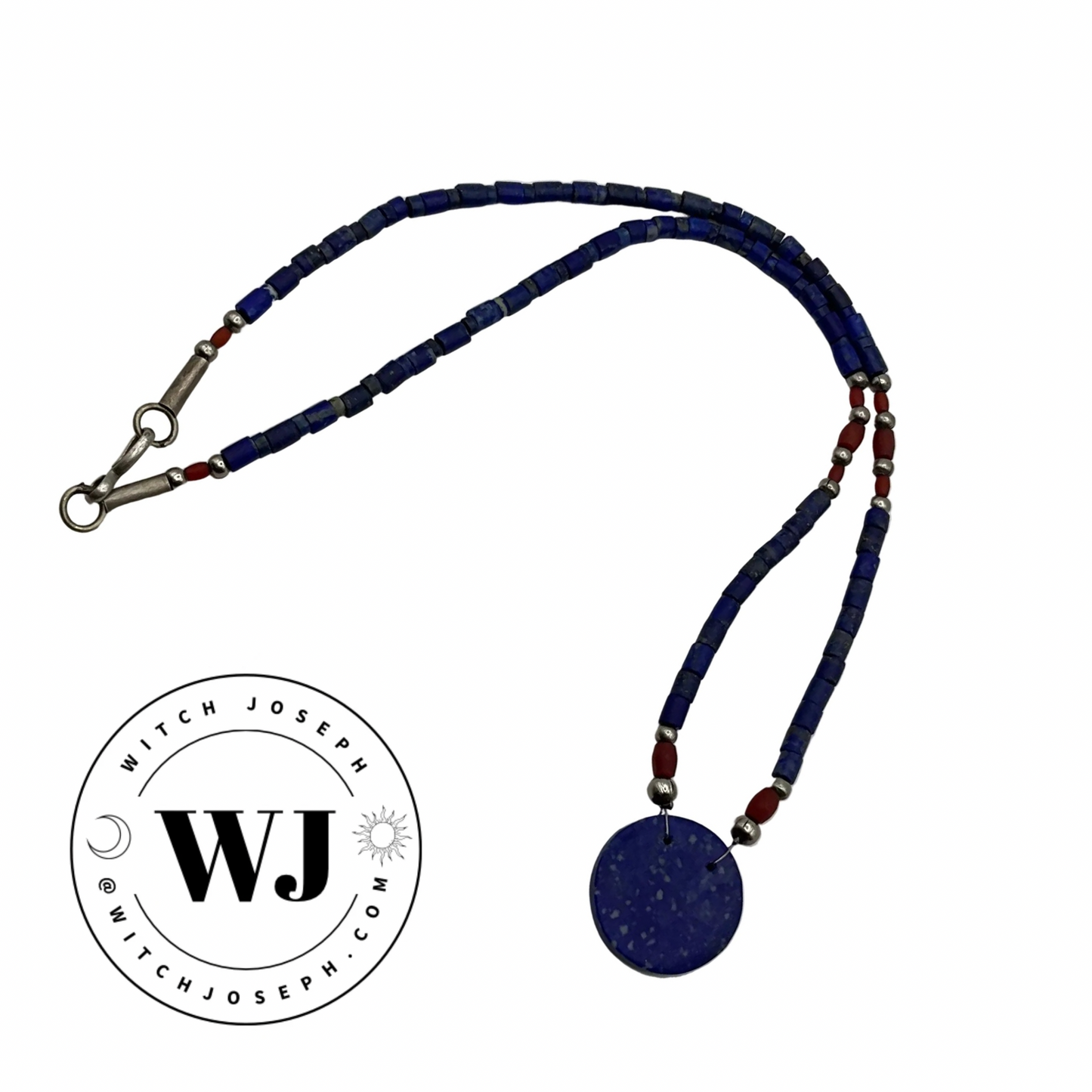 Necklace with blue Lapis disc pendant and lapis beads displayed on a white background, featuring the WJ logo.
