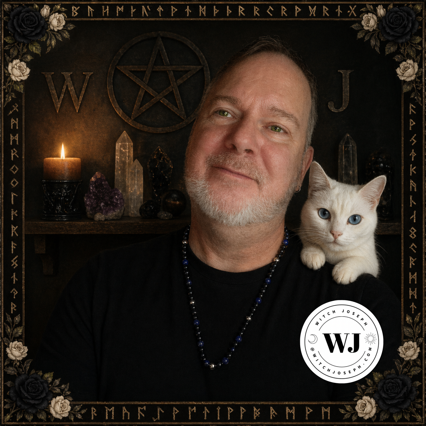 Witch Joseph wearing the lapis necklace with steel and black accent beads, with a cat, Angelique, sitting in front of a mystical background with candles and crystals, featuring the WJ logo