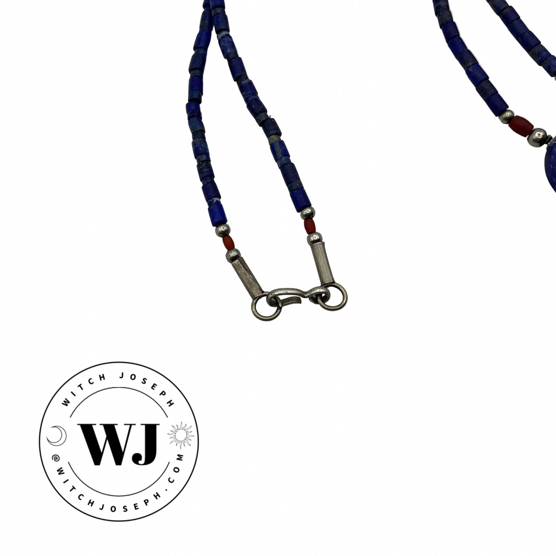 Necklace with Lapis Lazuli blue beads and showing the metal clasp displayed on a white background, featuring the WJ brand logo.