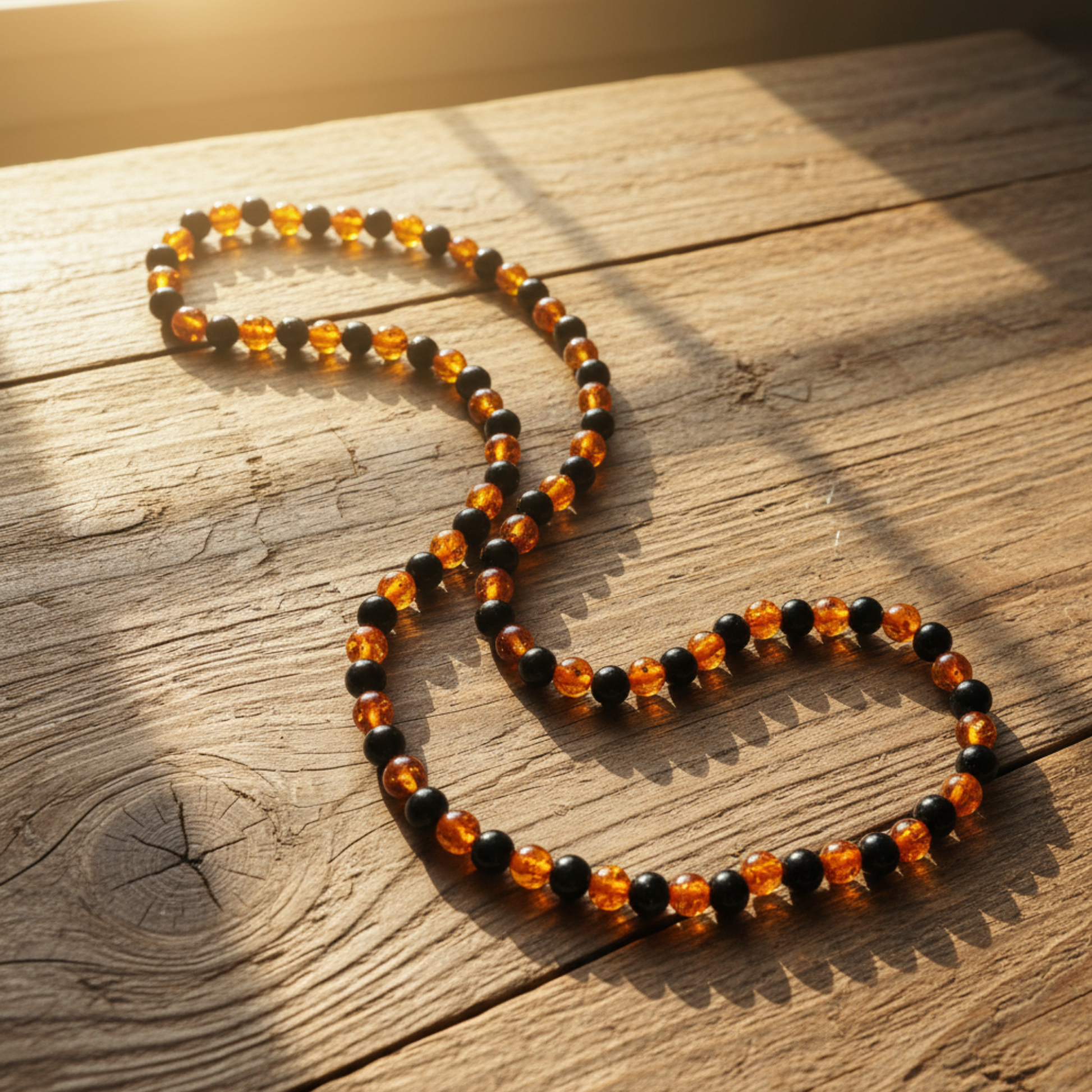 Necklace with orange and black amber and jet beads displayed on a rustic wooden surface.