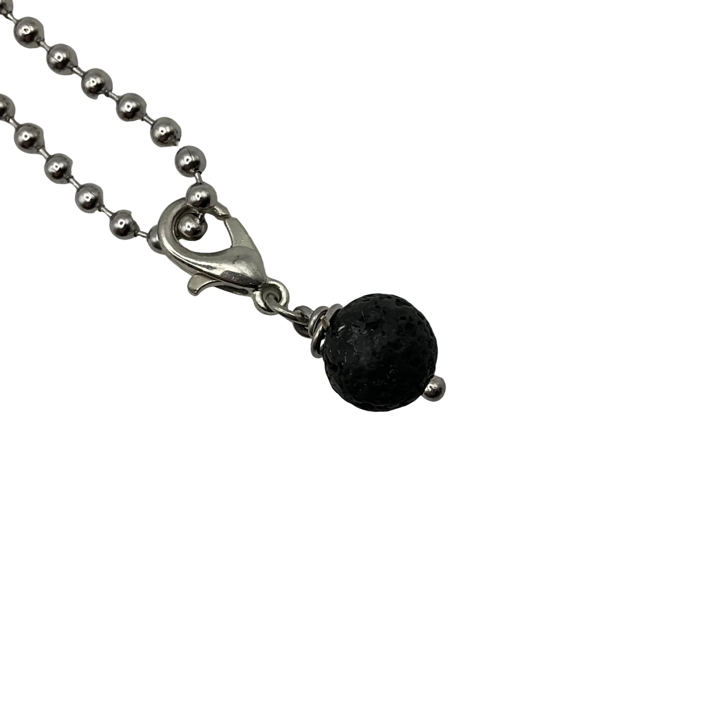 Ball Chain Necklace with a black lava bead pendant on a light white background