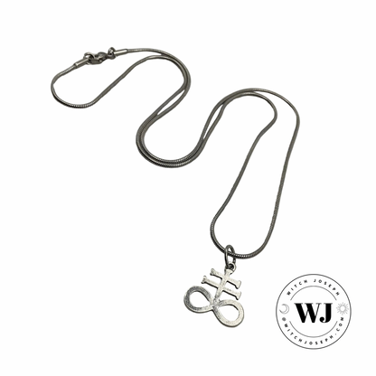Silver tone necklace with a Leviathan Cross pendant on a white background, featuring the  Witch Joseph logo in the lower right corner of the photo