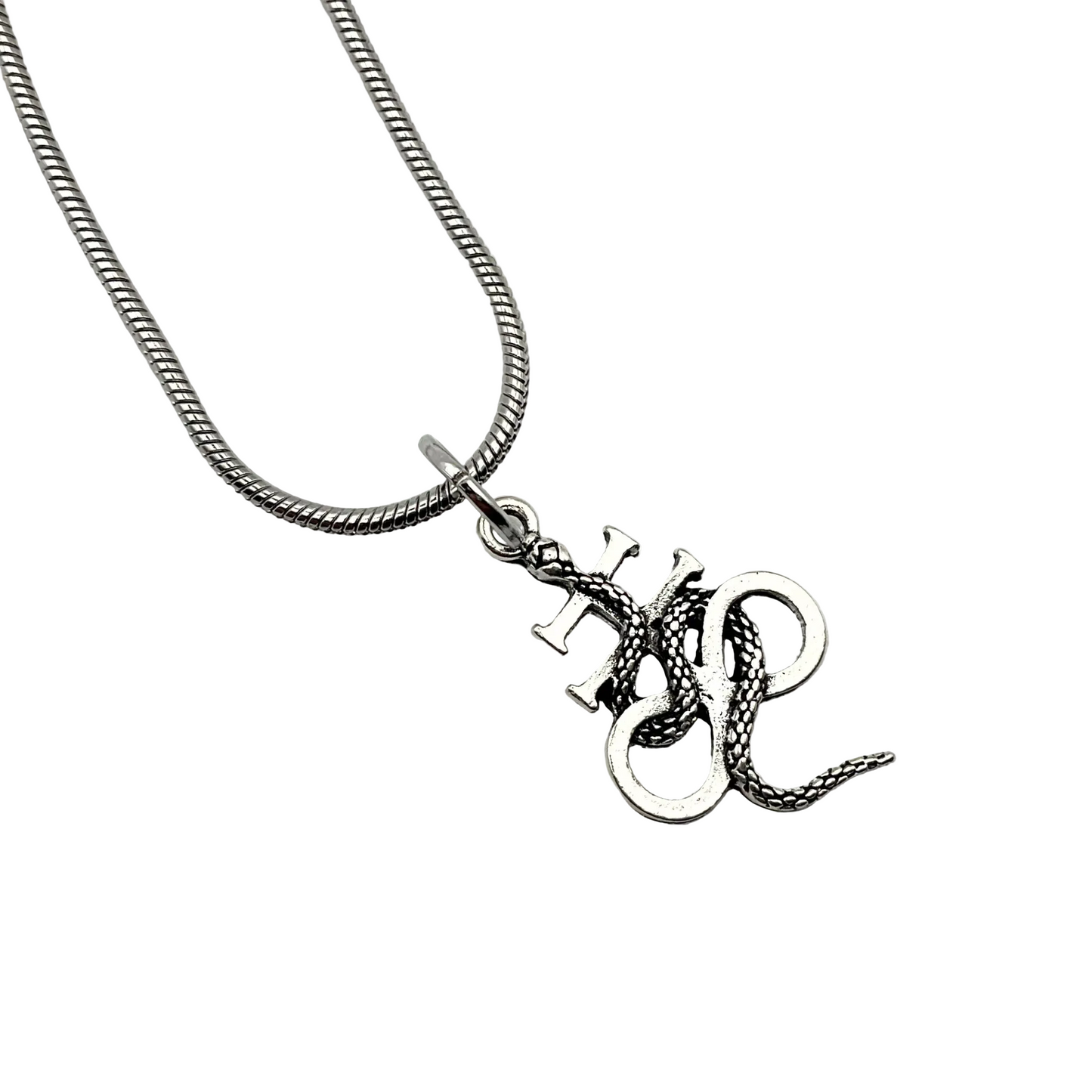 Silver tone necklace with a Leviathan Cross with Serpent pendant on a white background.