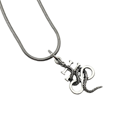 Silver tone necklace with a Leviathan Cross with Serpent pendant on a white background.