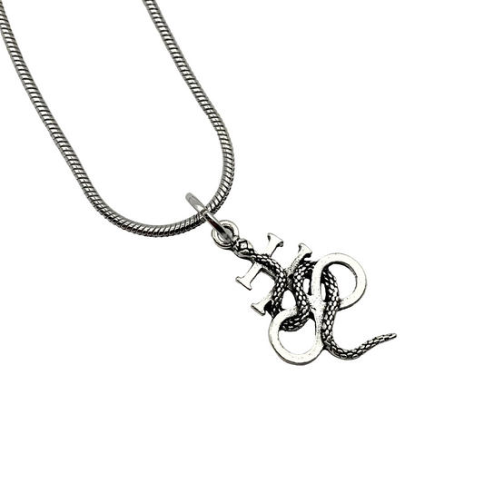 Silver tone necklace with a Leviathan Cross with Serpent pendant on a white background.