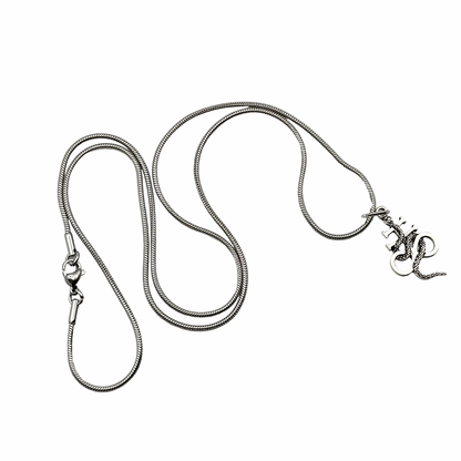 Silver tone necklace with a Leviathan cross with snake pendant on a white background