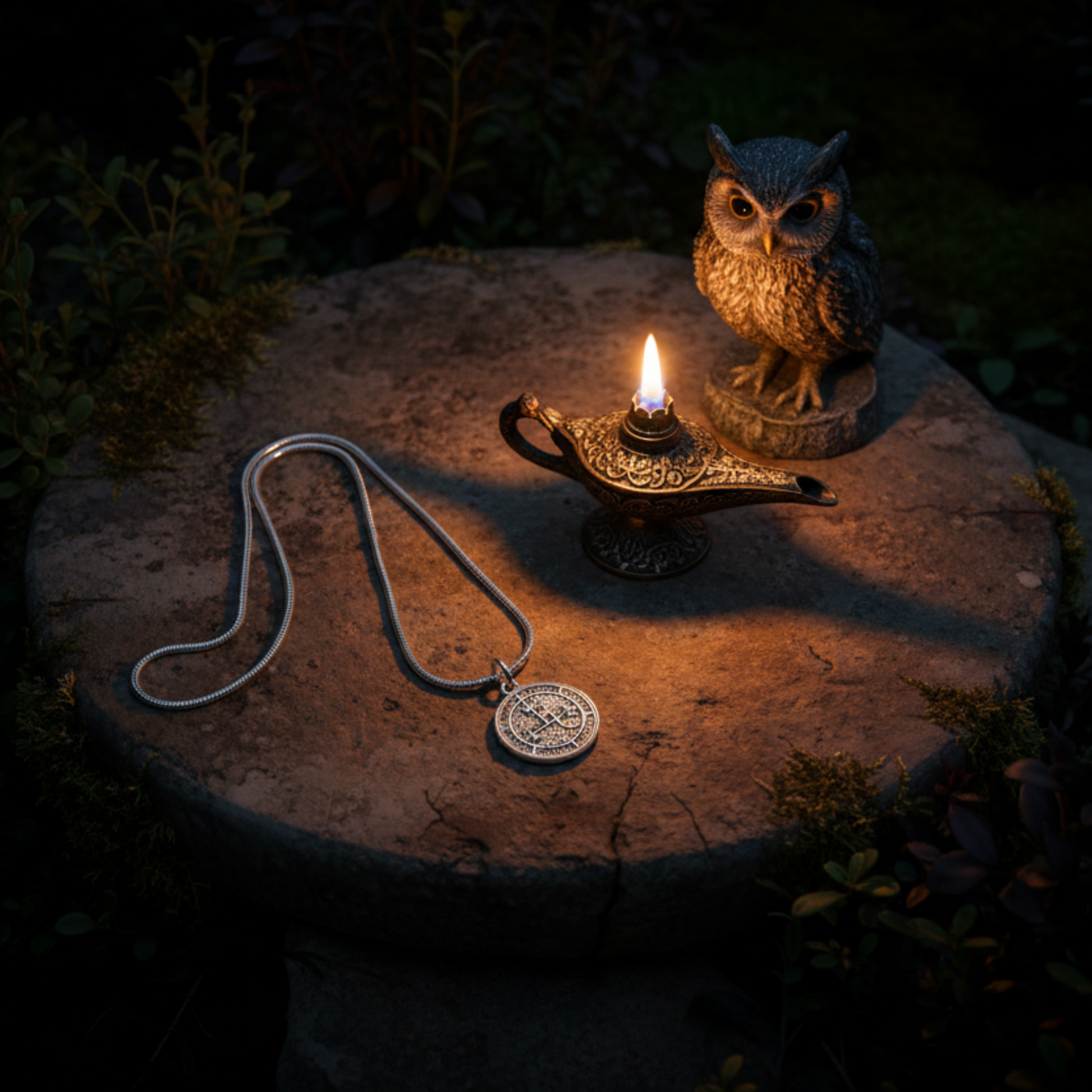 Owl at night perched on a stone surface next to a lit oil lamp and necklace with Lilith Seal pendant.