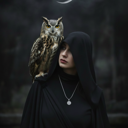 Woman in a black hood with an owl perched on her shoulder wearing a Lilith seal amulet against a dark background