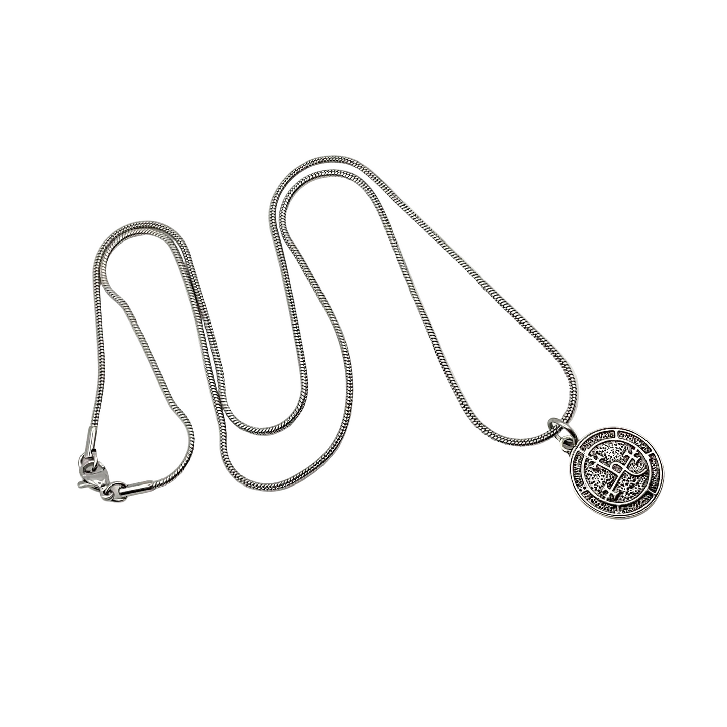 Silver tone necklace with a detailed Lilith Seal pendant on a white background