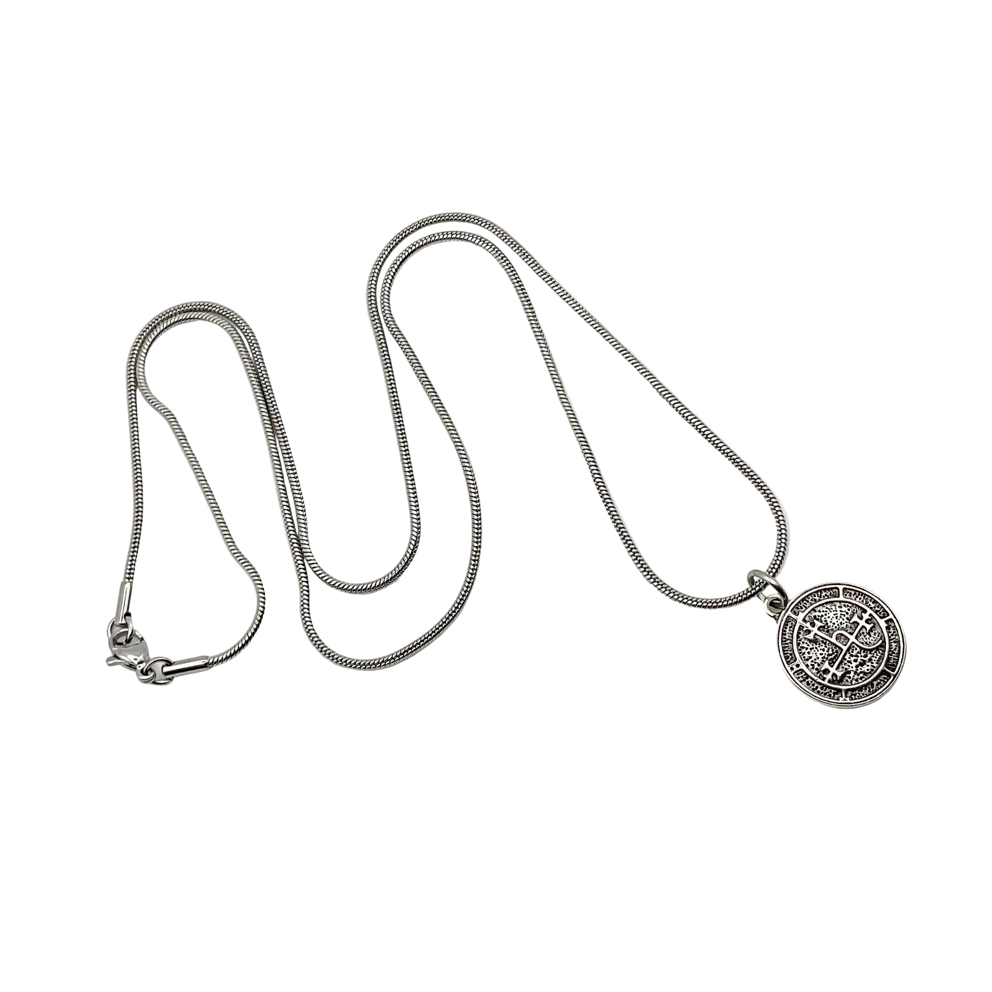 Silver tone necklace with a detailed Lilith Seal pendant on a white background