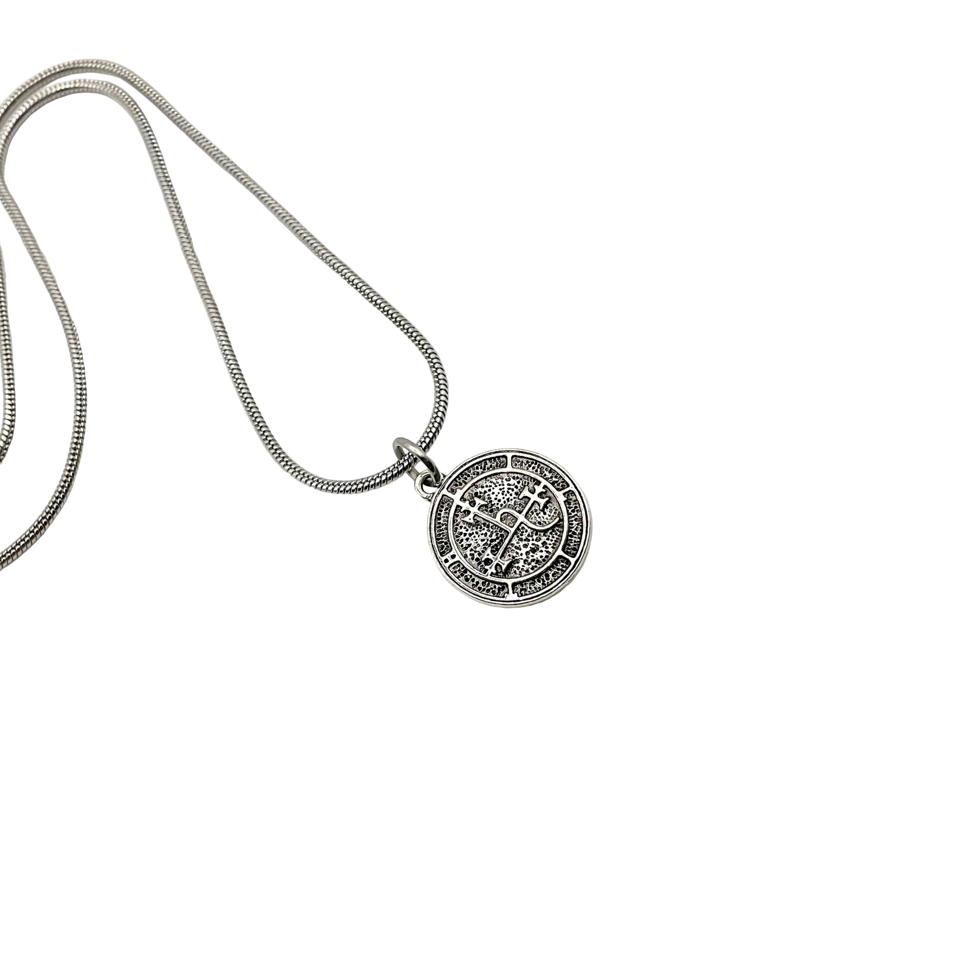 Silver necklace with a detailed Lilith Seal pendant on a white background