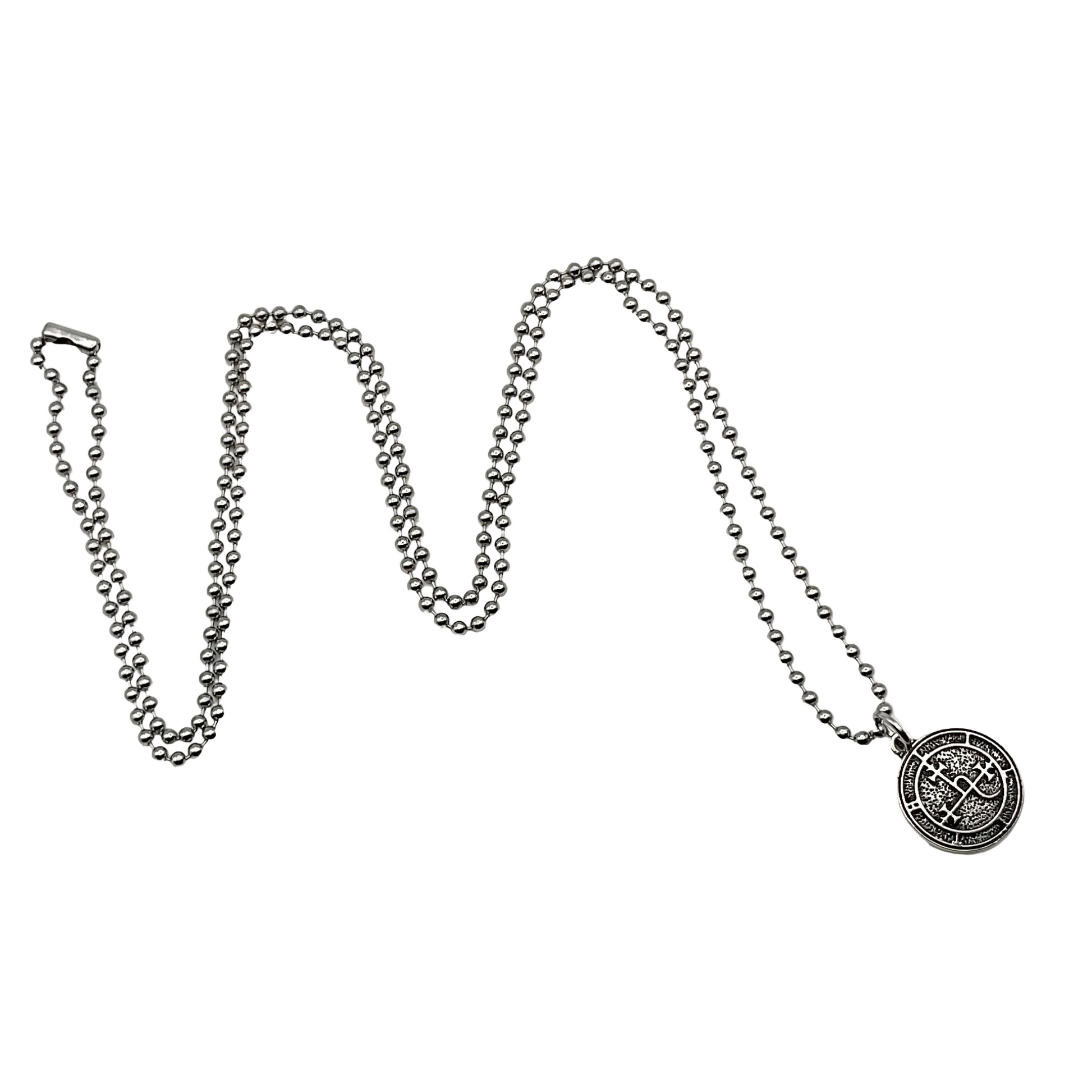 Silver tone ball chain necklace with a Lilith Sigil Seal pendant on a white background.