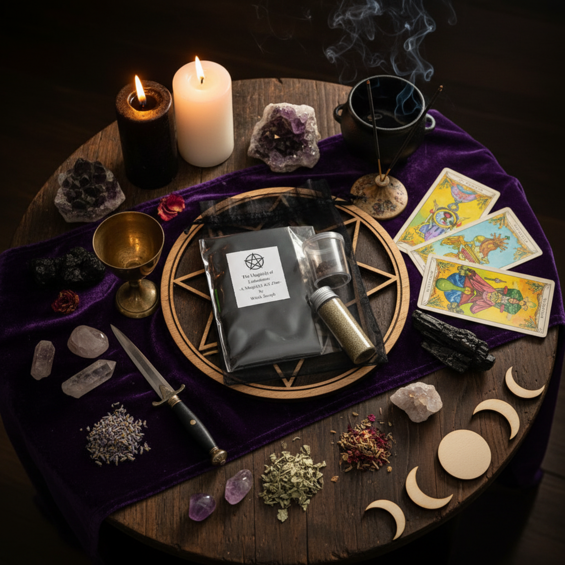 The Witch Joseph Lodestone Kit displayed on a Witch altar among various other Witchcraft tools.