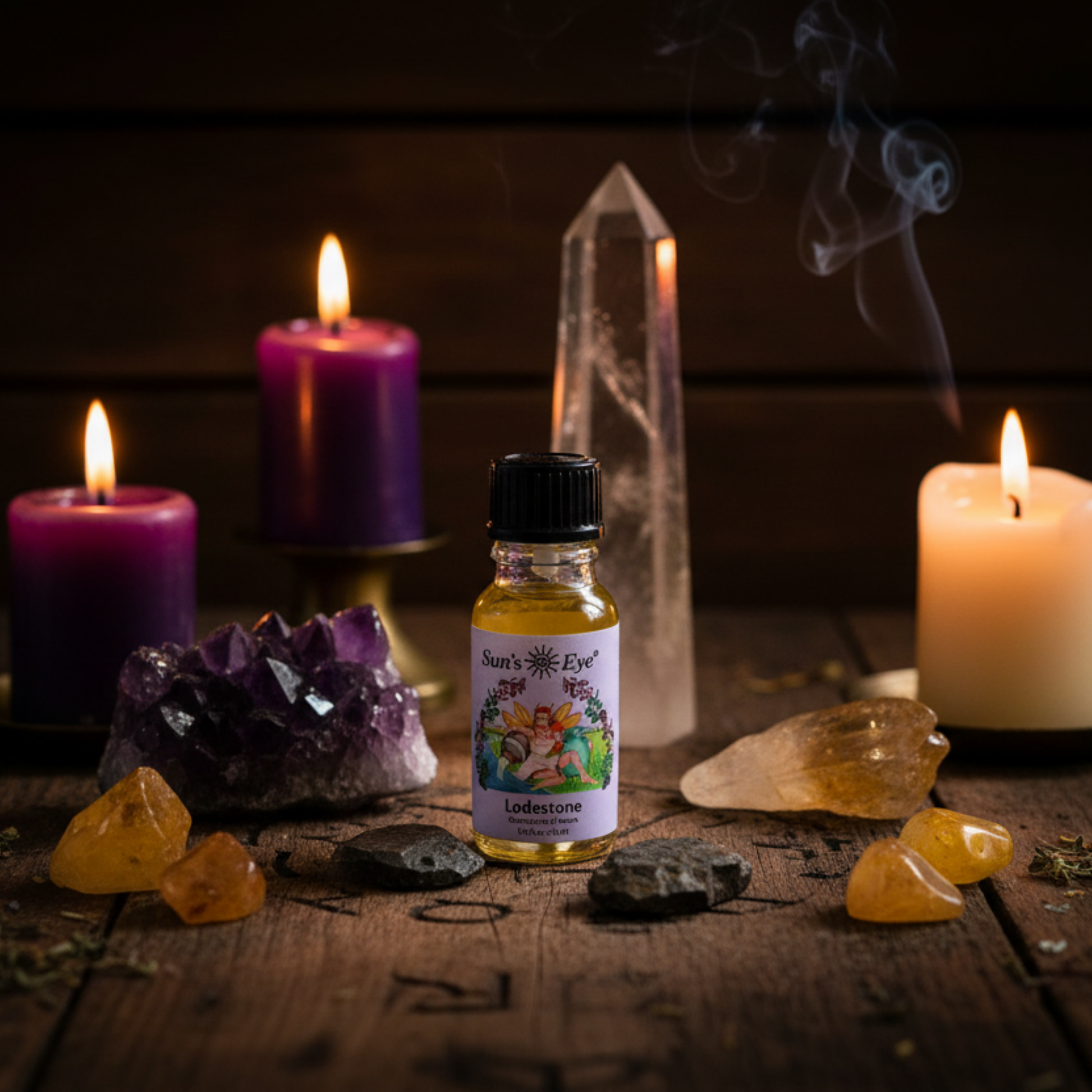 Bottle of Suns Eye Lodestone oil with candles, crystals, and smoldering incense on a wooden surface.