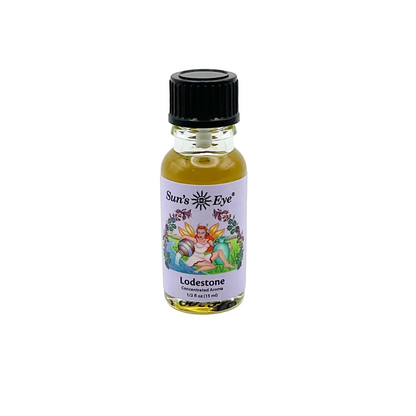 Bottle of Sun's Eye Lodestone oil on a white background