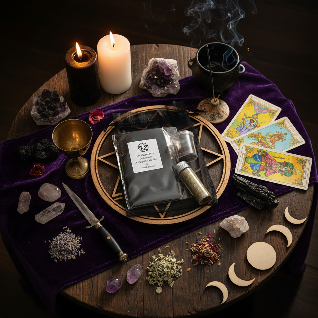 Lodestone kit on a Witch altar with candles, tarot cards, and crystals on a wooden altar