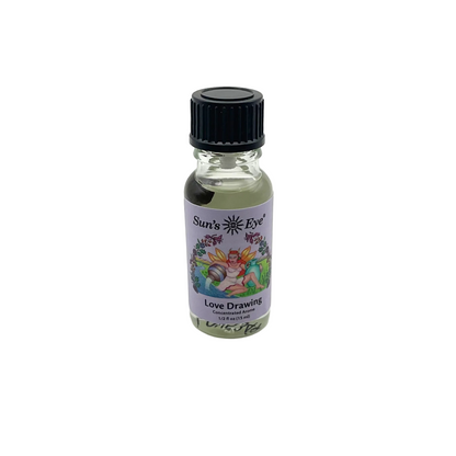 Bottle of Suns Eye Love Drawing Oil against a white background
