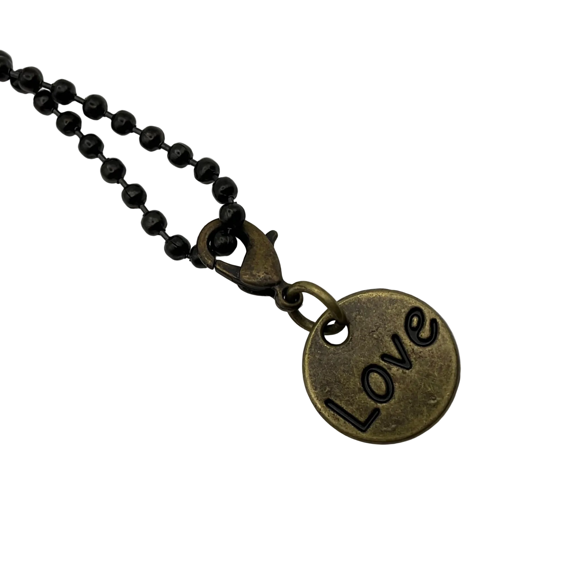 Charm Necklace with a round pendant that says 'love', with a heart on the reverse side, on a white background