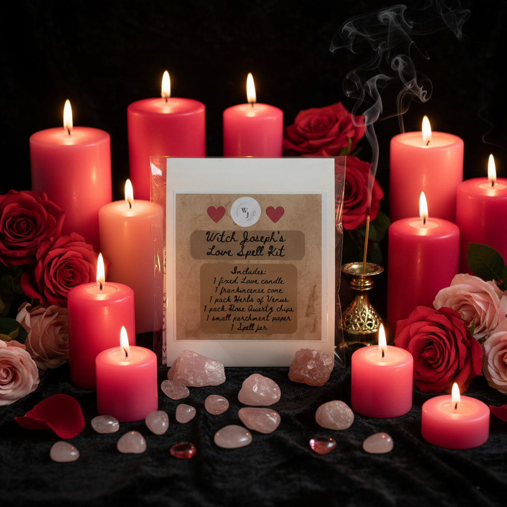 Love spell kit with candles, roses, and crystals on a dark background