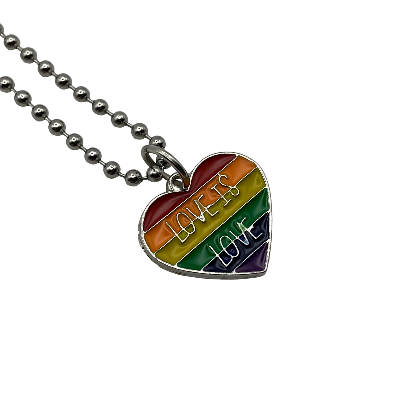 Heart-shaped pendant with rainbow colors and 'LOVE IS LOVE' text on a white background
