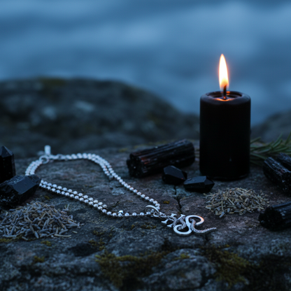 Silver tone Necklace with a Sulpher Lucifer Leviathan cross pendant with serpent, next to a lit candle on a stone altar surface at night.