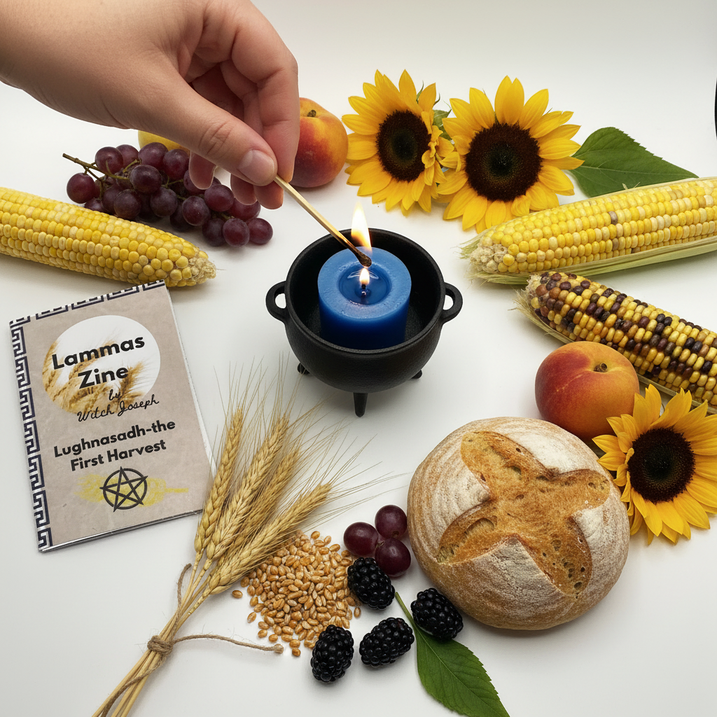 Lammas Candle being lit with a match, surrounded by fruits and grain, bread, corn, sunflowers, and a book titled 'Lammas Zine'.