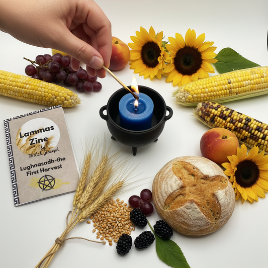 Lammas Candle being lit with a match, surrounded by fruits and grain, bread, corn, sunflowers, and a book titled 'Lammas Zine'.