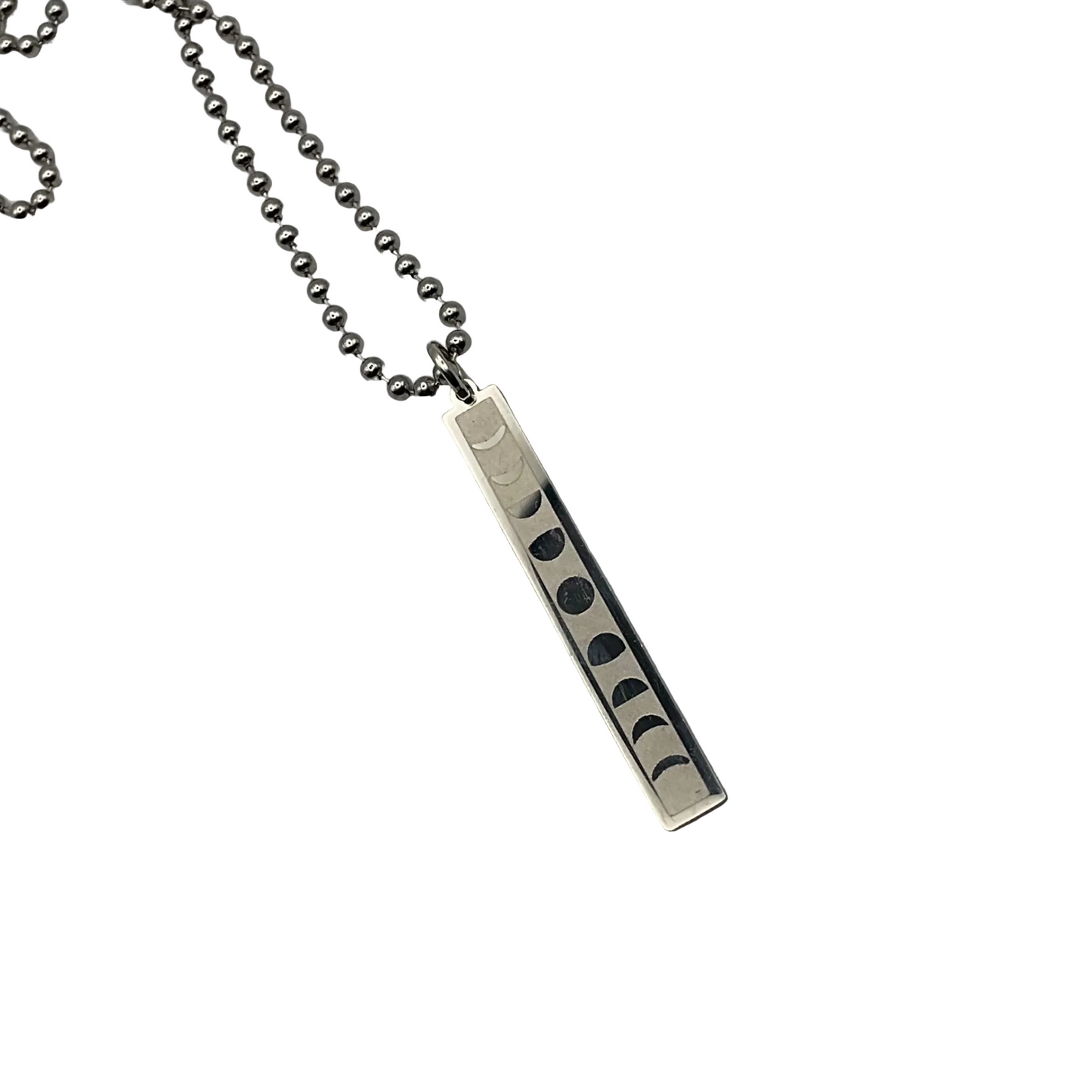 Silver necklace with a steel bar pendant featuring moon phases on a white background