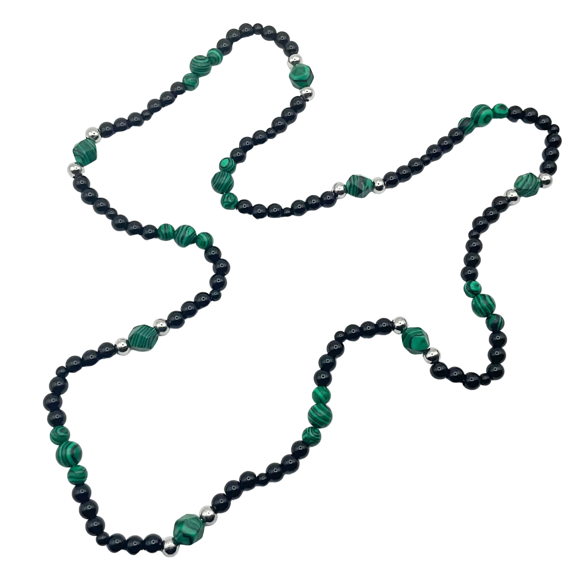 Necklace with alternating black and malachite beads with steel beads on a white background.