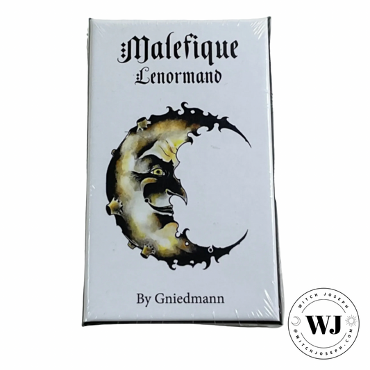 Lenormand card deck packaging for 'Malefique Lenormand' by Gniemann with a decorative crescent moon design on a white background.
