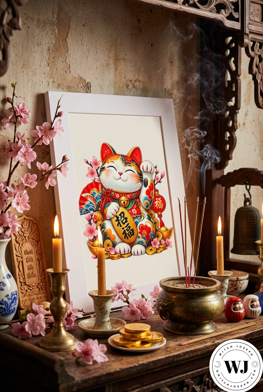 A framed Maneki-neko lucky cat art print displayed on a wooden altar alongside burning candles, incense, pink cherry blossoms, and decorative objects in a warm, traditional interior setting…with the Witch Joseph logo in the bottom right hand corner.