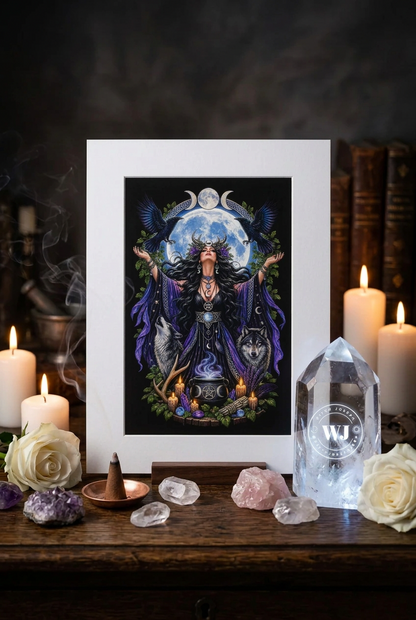 A framed art print featuring a dark fantasy illustration of a woman with ravens and a wolves, set against a moonlit sky, displayed on a wooden table with candles, crystals, and roses.