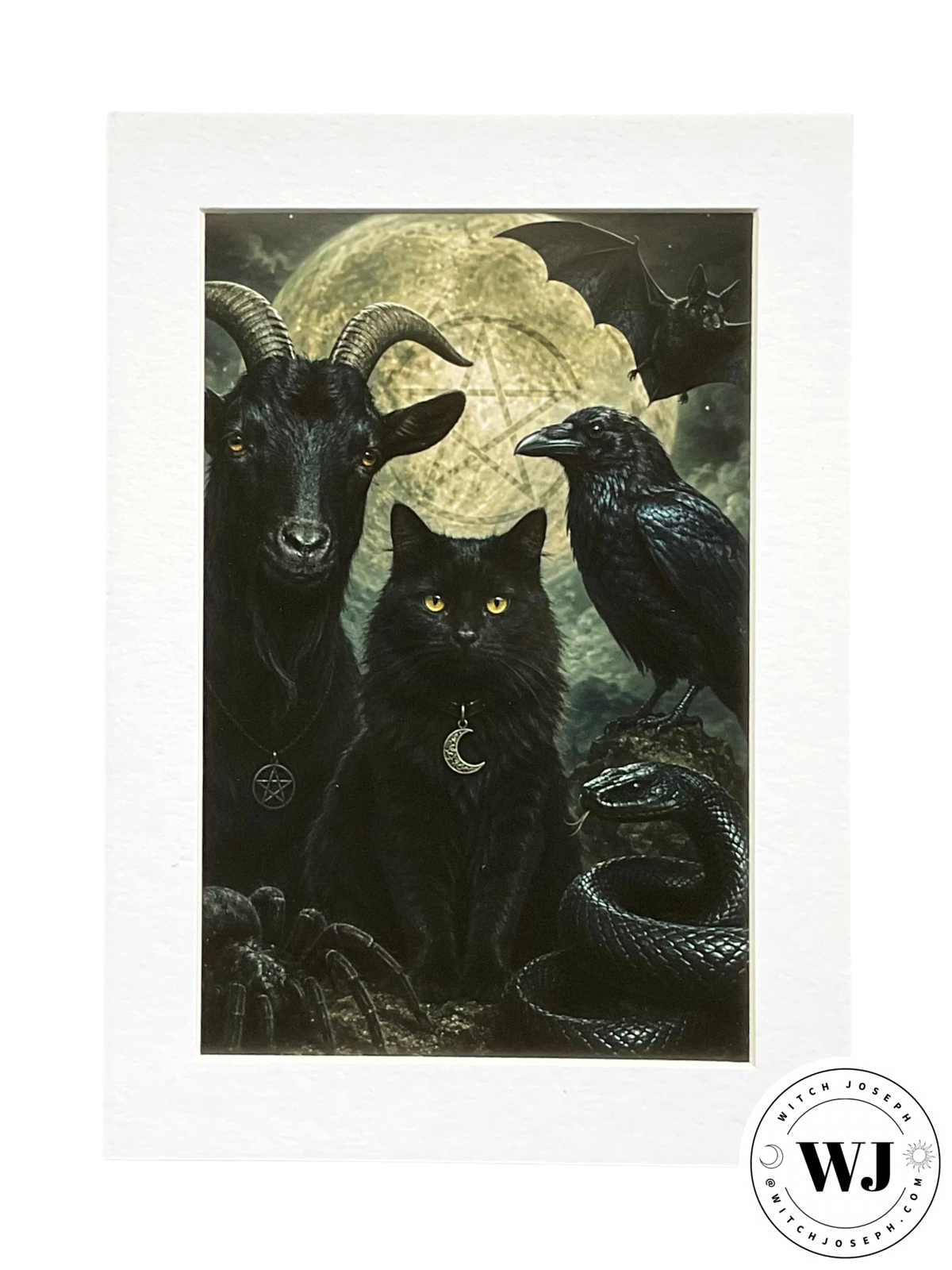 A gothic art print featuring a black cat, a horned goat, a raven, and a snake and other creatures in front of a full moon, presented on a white background with a circular 'Witch Joseph' logo watermark in the bottom right corner.