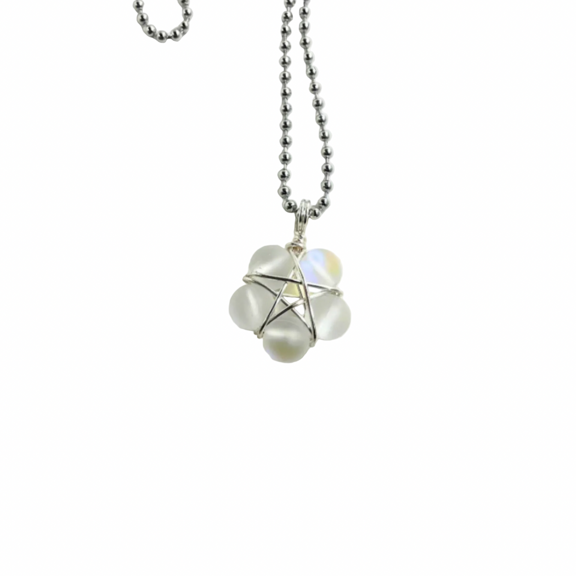 Ball chain Necklace with a mermaid glass wire wrap bead pentagram pendant displayed against a white background