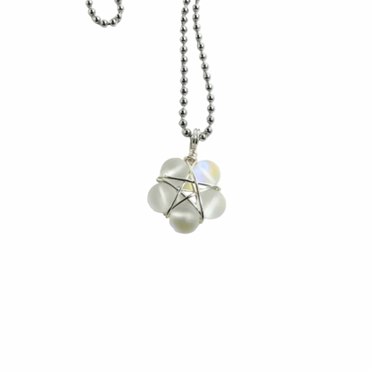 Ball chain Necklace with a mermaid glass wire wrap bead pentagram pendant displayed against a white background