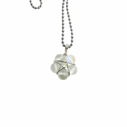 Ball chain Necklace with a mermaid glass wire wrap bead pentagram pendant displayed against a white background