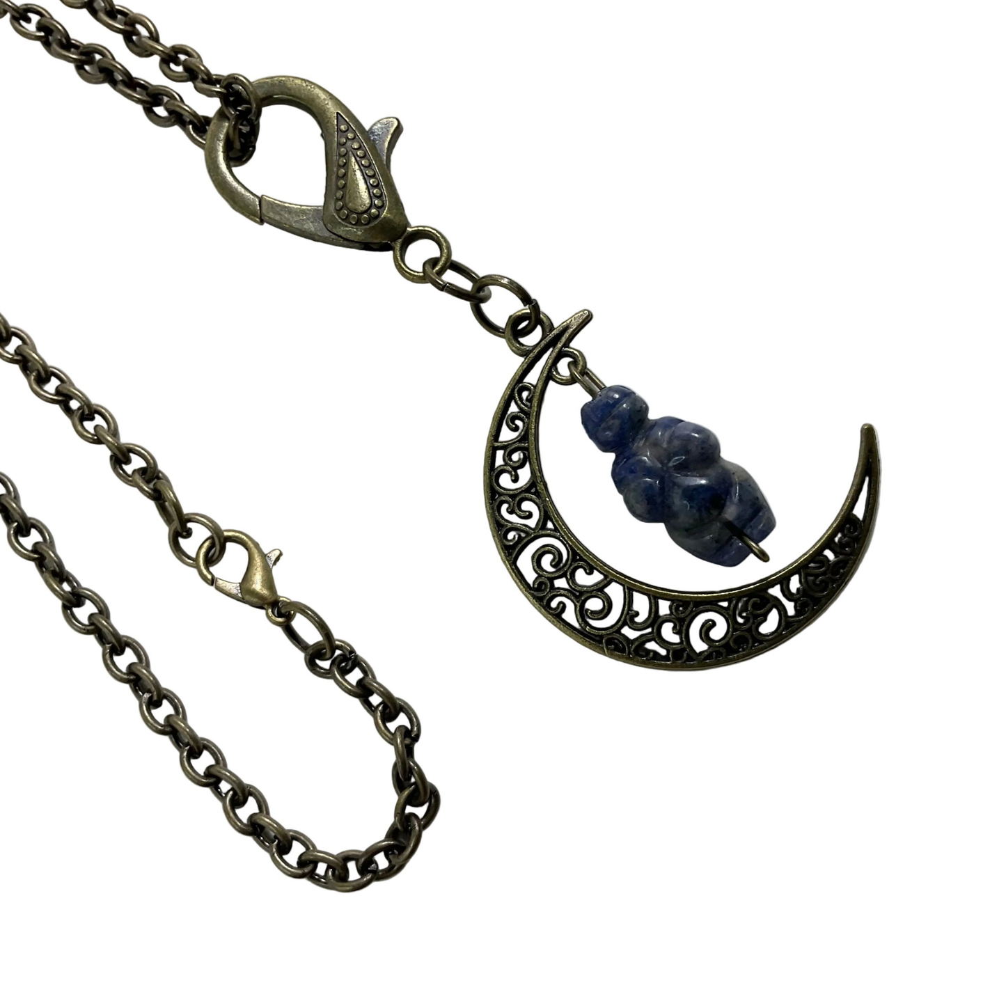 Bronze tone Necklace with a crescent moon pendant featuring a blue sodalite stone carved in a Goddess image displayed on a white background
