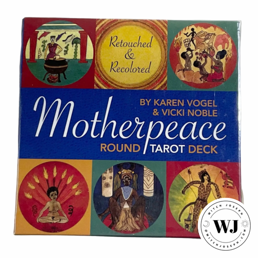 Cover of 'Motherpeace Round Tarot Deck' by Karen Vogel & Vicki Noble with colorful illustrations and 'WJ' logo.
