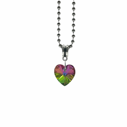 Ball chain charm Necklace with a heart-shaped, multicolored pendant on a white background