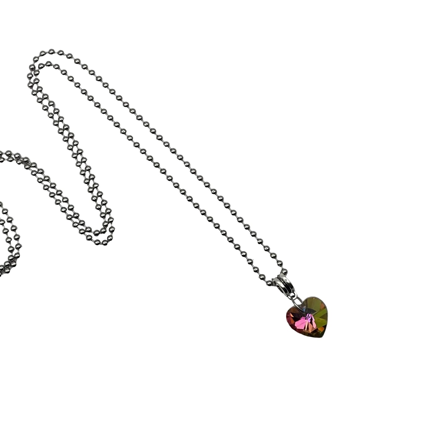 Necklace with a multicolor heart-shaped crystal pendant on a white background