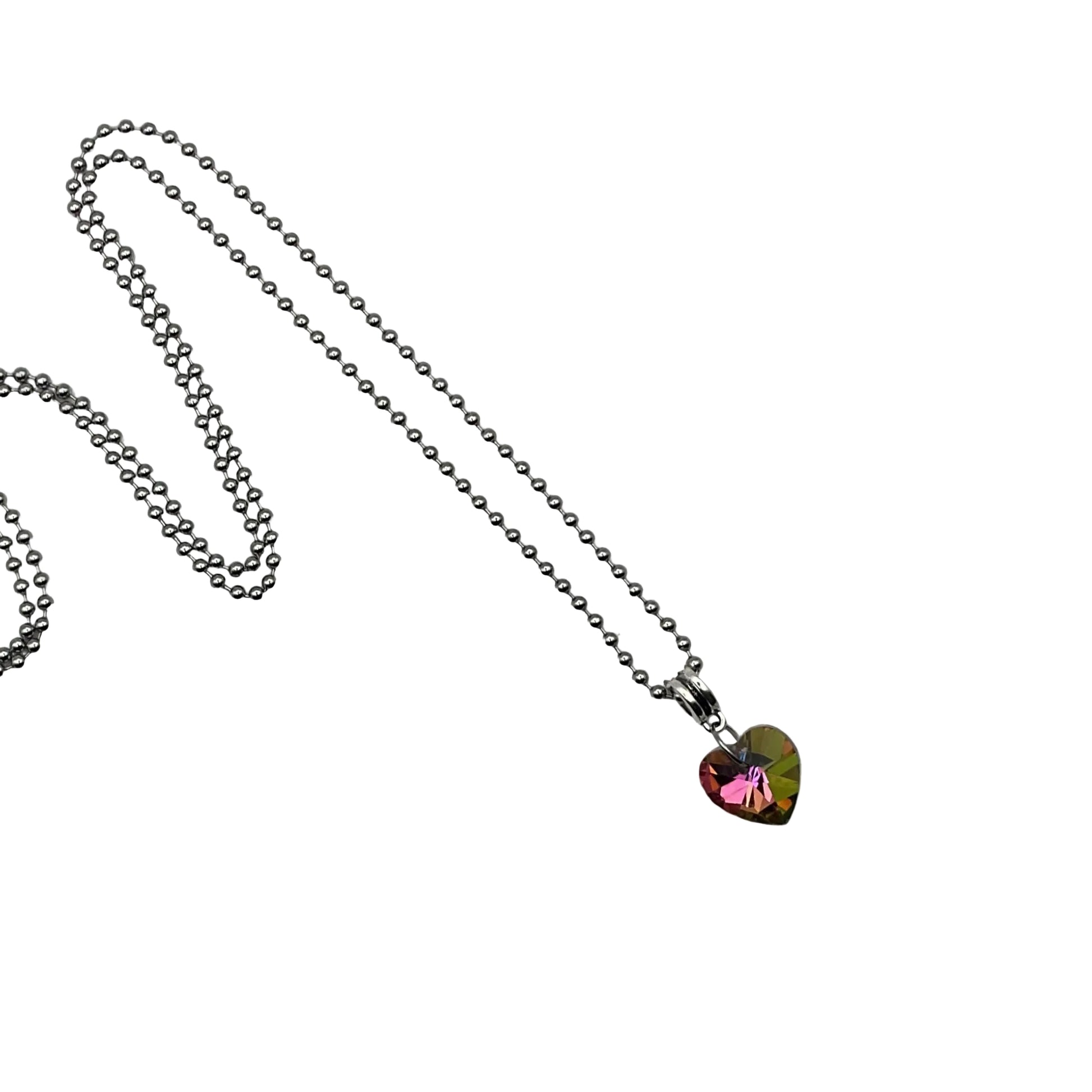 Necklace with a multicolor heart-shaped crystal pendant on a white background