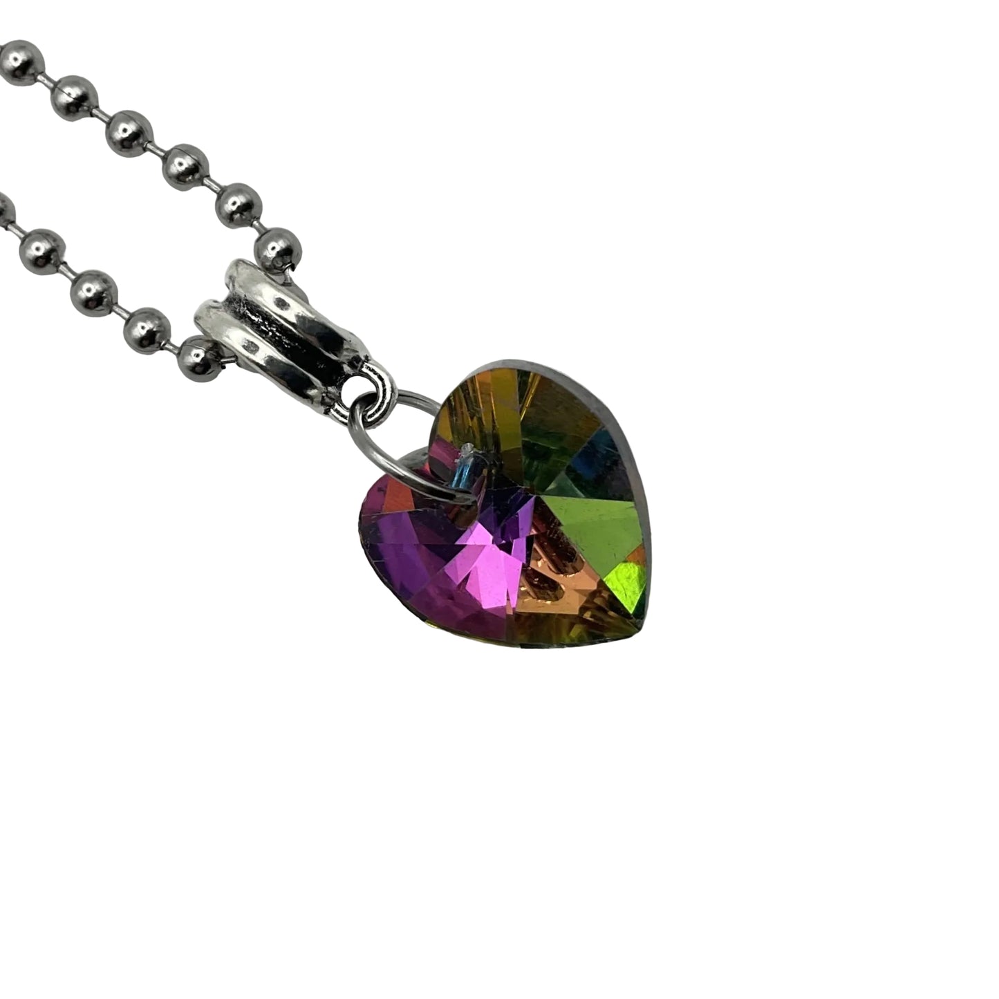 Multicolored heart-shaped charm pendant on a silver tone ball chain against a white background
