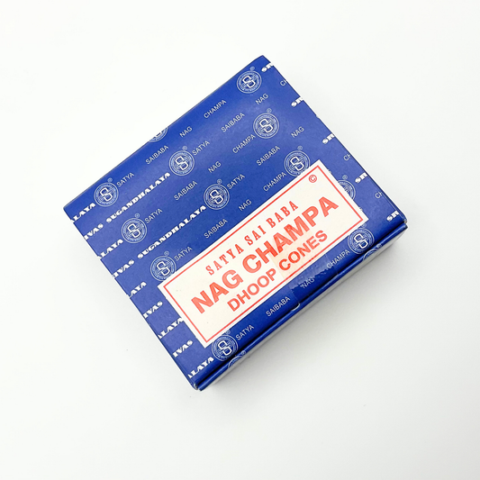 Box of twelve Satti Sai Baba Nag Champa Dhoop Cones on a white background