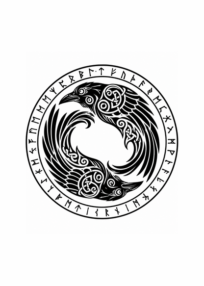 A circular black graphic featuring two stylized ravens in a Norse-inspired design, with runic symbols around the border and Celtic knot work on their bodies, shown on a plain white background.