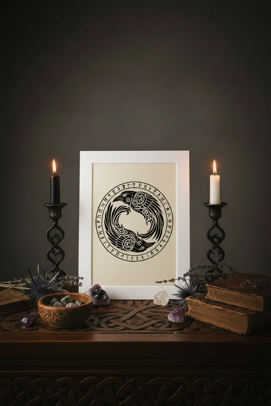 A framed black-and-white yin yang style artwork with circular symbols and a Nordic raven motif, the Ravens of Odin with Celtic knot work on their bodies and surrounded by a runic circle, displayed on a carved wooden table with lit candles, crystals, and old books against a dark brown background.