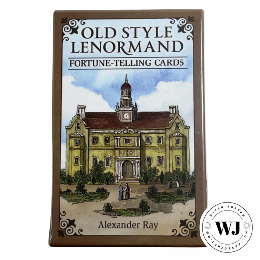 ‘Old Style Lenormand Fortune-Telling Cards' by Alexander Ray with a castle illustration on a white background.