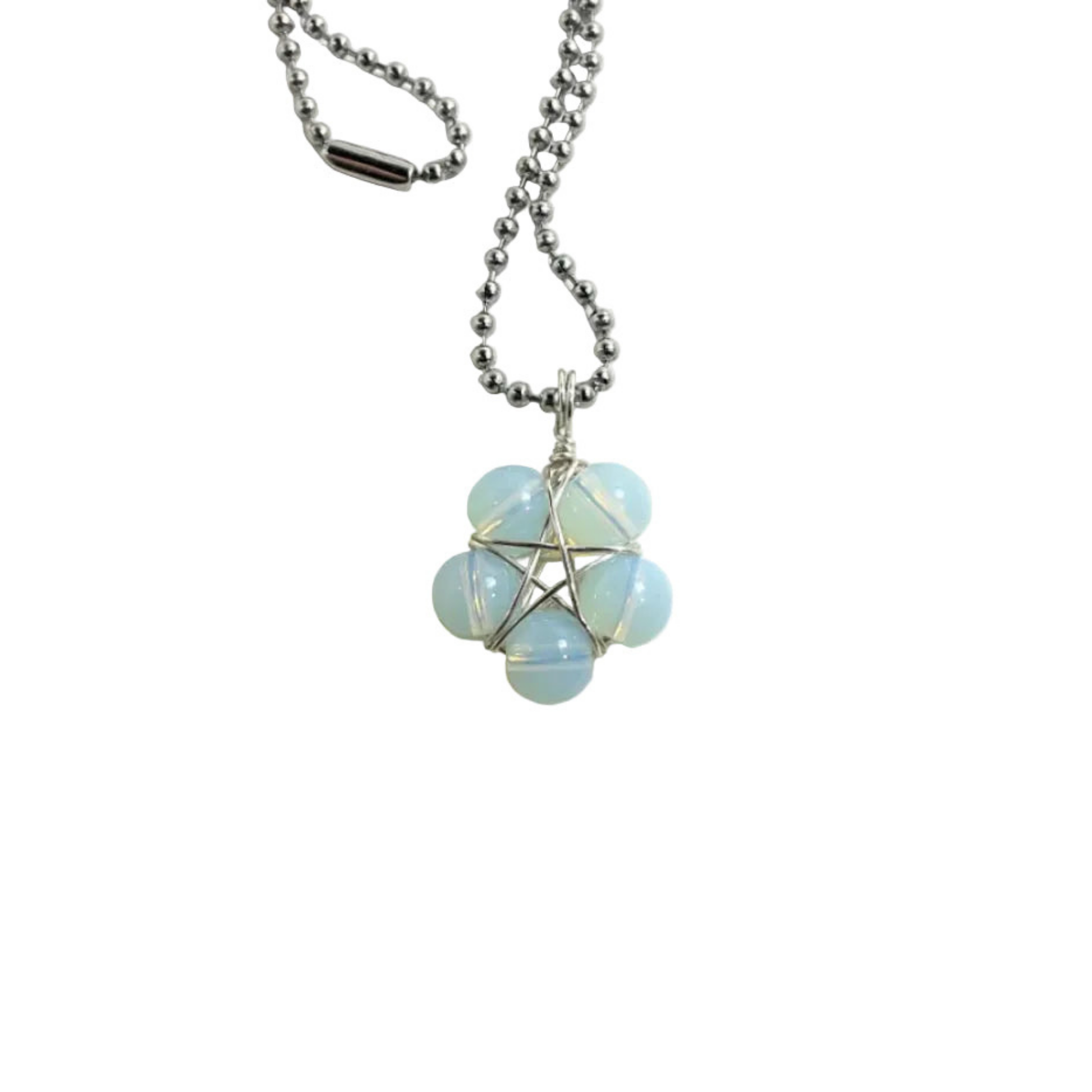 Necklace with light opalite spherical beads and a pentagram metal wire wrap design on a white background