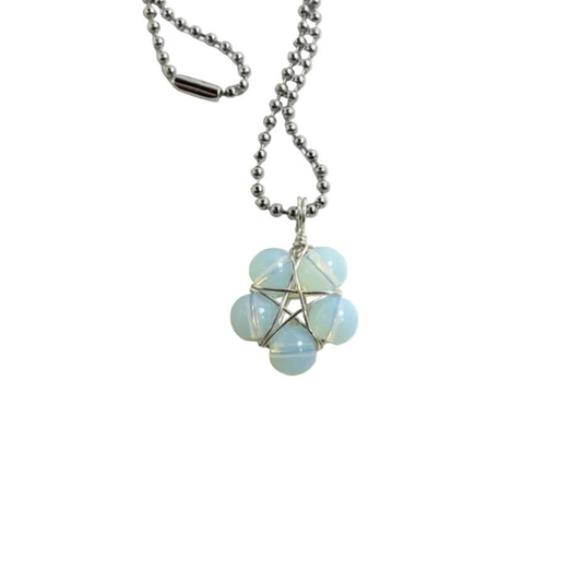 Necklace with light opalite spherical beads and a pentagram metal wire wrap design on a white background