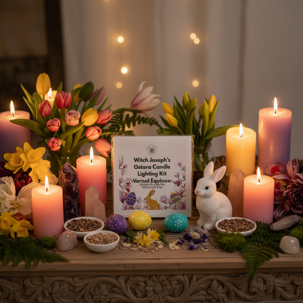 The packaged Witch Joseph Ostara Candle lighting kit displayed on an Ostara Vernal Equinox witch altar with candles and eggs and bunnies and spring flowers.